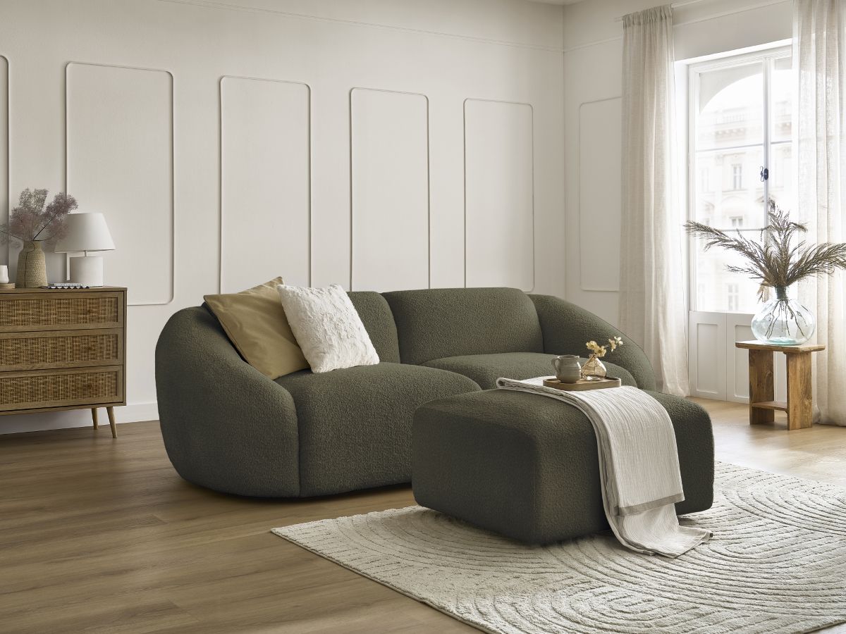 Bobochic Tina Sofa 4-Sitzer mit Pouf Bouclé-Stoff Grün