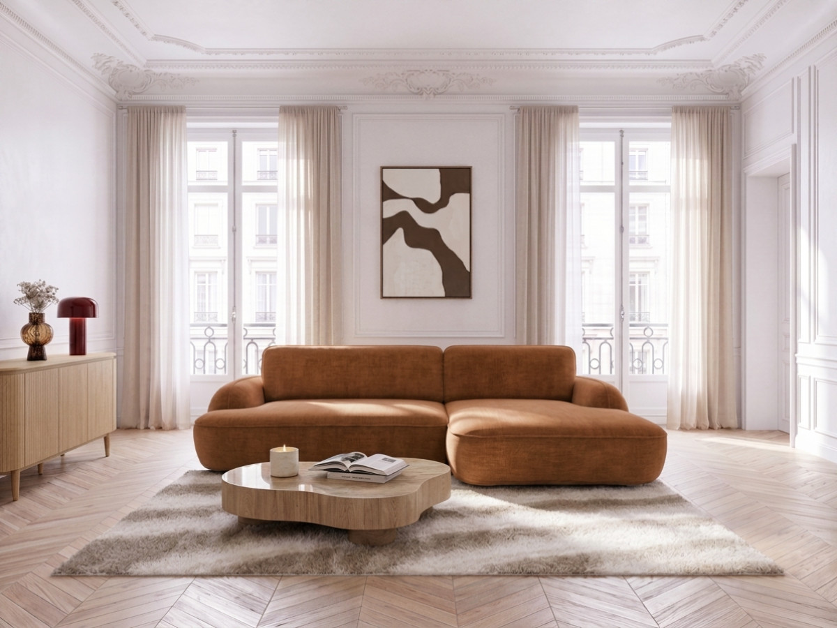 Bobochic Celeste Ecksofa mit Schlaffunktion und Bettkasten Stoff Orange Ecke rechts