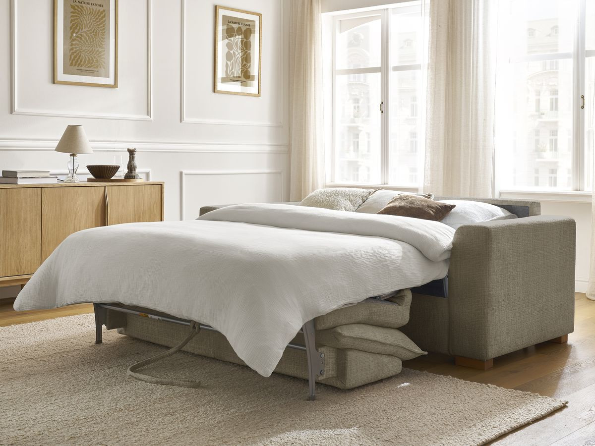 Bobochic Augustin Schlafsofa 3-Sitzer Strukturstoff Taupe, Liegefläche 140 × 200 cm