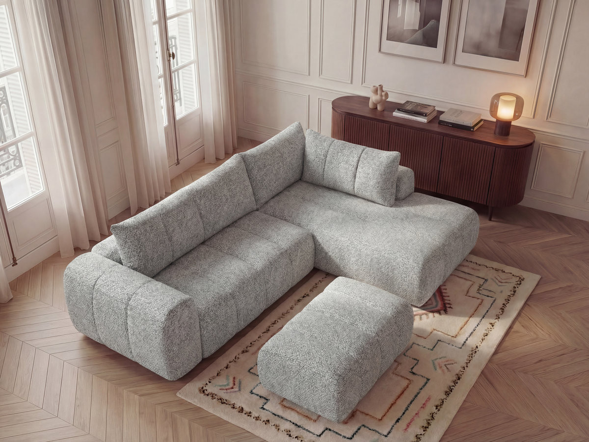Bobochic Nesty Ecksofa in L-Form, 256 cm, mit Pouf Melange-Stoff Hellgrau Ecke rechts
