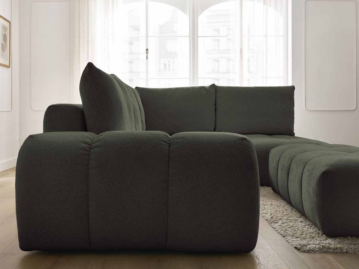 Bobochic Everest Ecksofa mit Schlaffunktion und Bettkasten und Pouf 320 × 212 cm, 5 Kissen Melange-Stoff Grün Ecke rechts