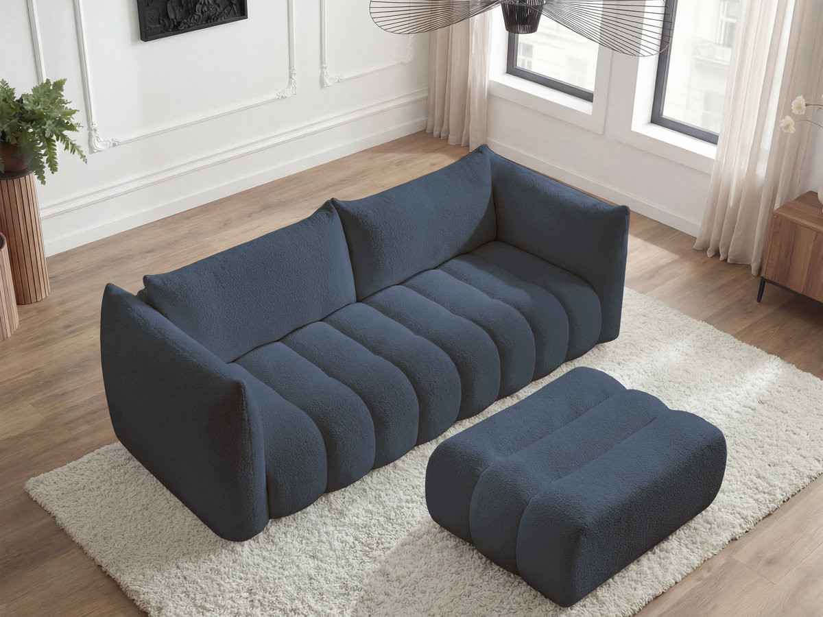 Bobochic Azra Sofa 4-Sitzer mit Pouf Bouclé-Stoff Dunkelblau