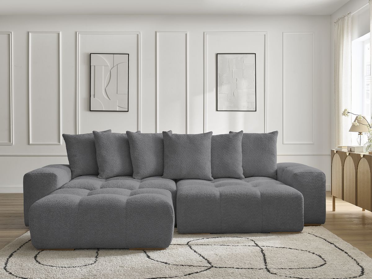 Bobochic Anakin Ecksofa mit Pouf, 6 Kissen Bouclé-Stoff Dunkelgrau