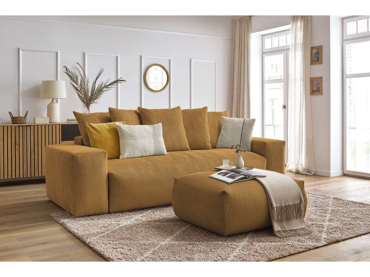 Bobochic Voltaire Schlafsofa 4-Sitzer mit Bettkasten und Pouf Cordsamt Gelb
