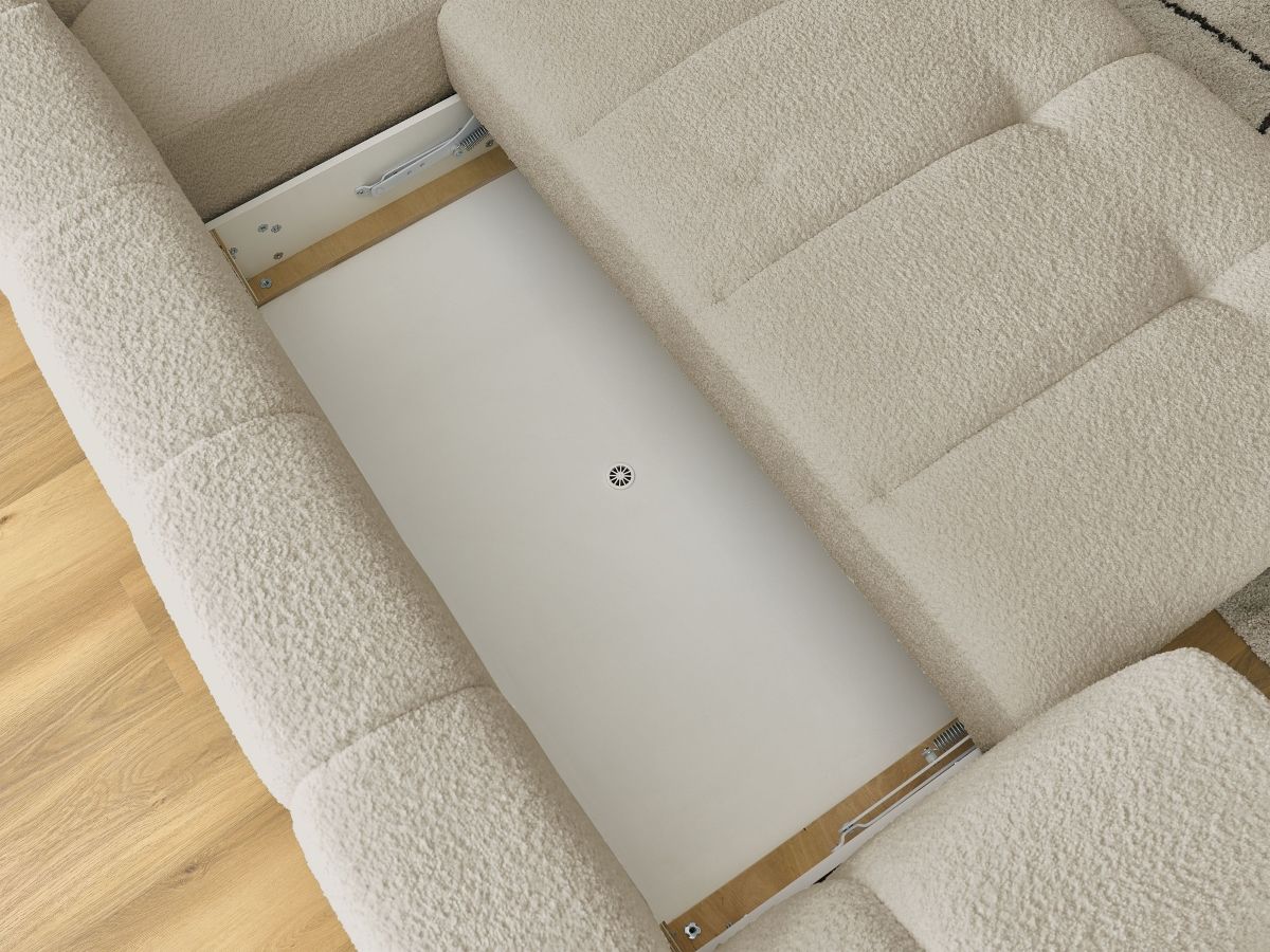 Bobochic Fuji Ecksofa mit Schlaffunktion und Bettkasten 282 × 204 cm Bouclé-Stoff Beige Ecke rechts