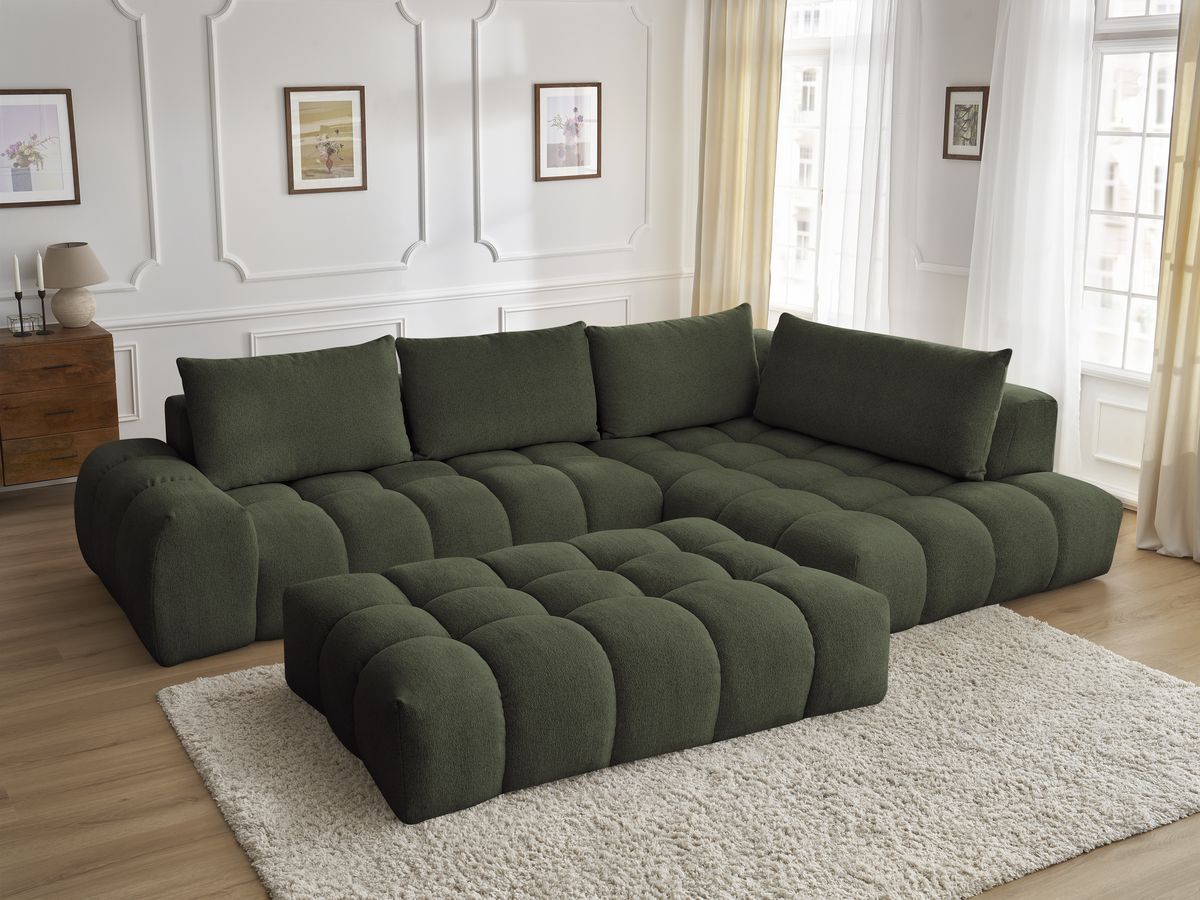 Bobochic Everest Ecksofa mit Schlaffunktion und Pouf, 4 Kissen Melange-Stoff Grün Ecke rechts