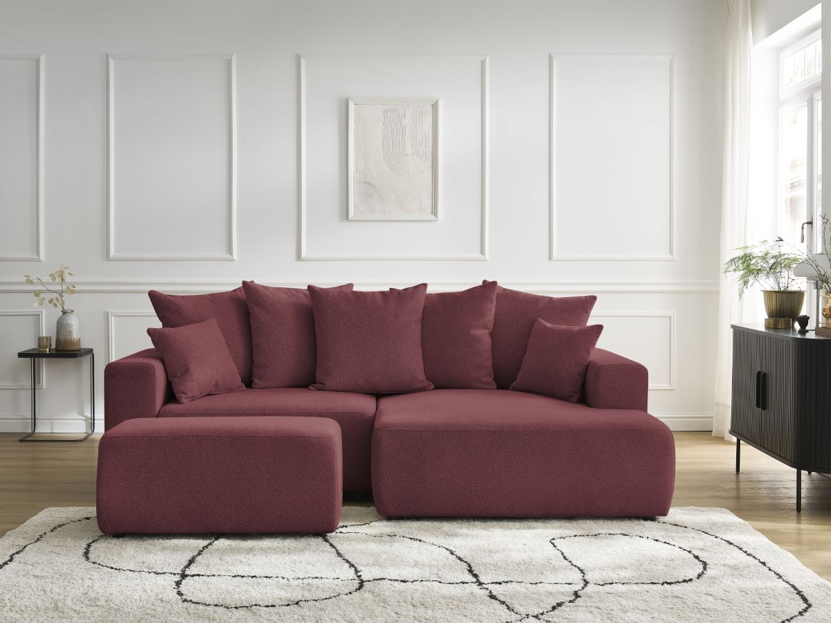 Bobochic Atilla Ecksofa mit Schlaffunktion und Bettkasten und Pouf Melange-Stoff Rot Ecke rechts