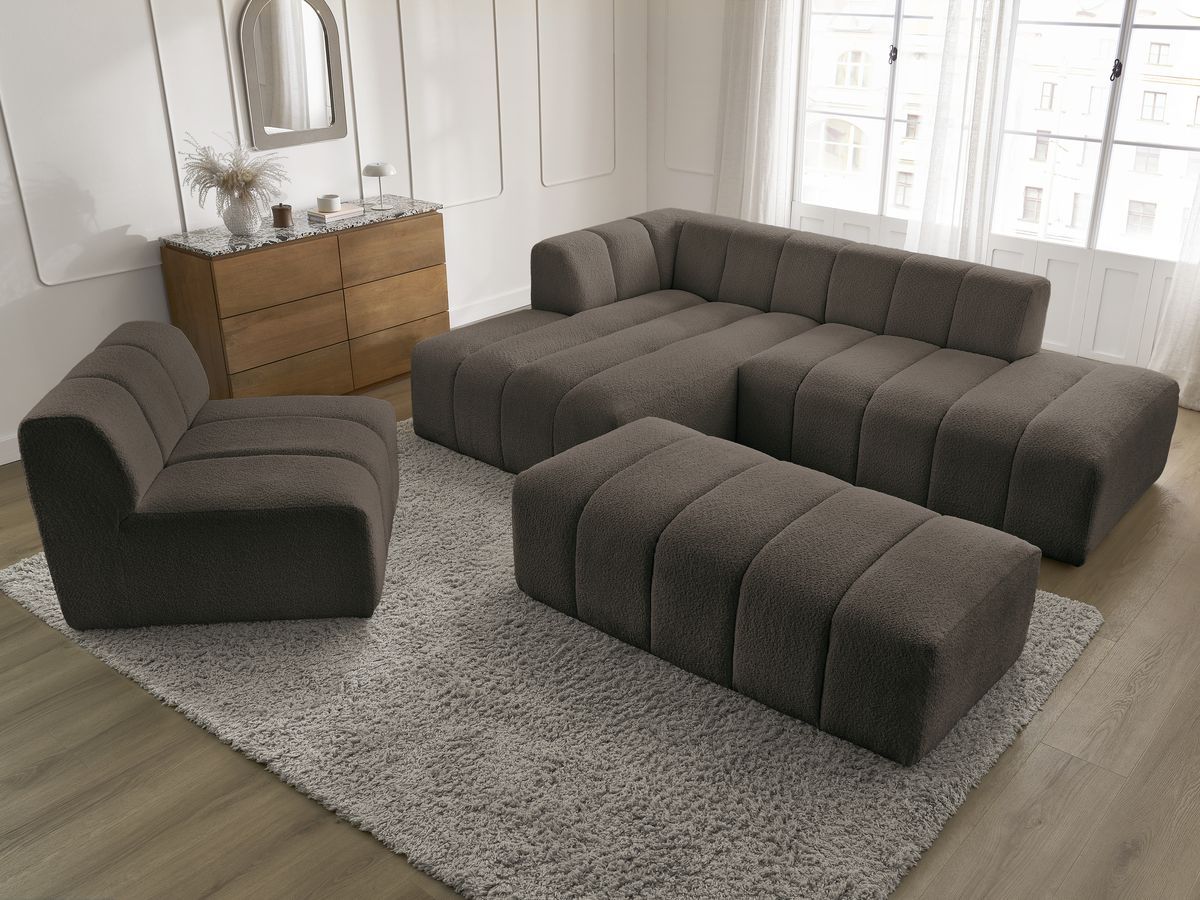 Bobochic Annecy Ecksofa mit Sofamodul und Pouf Bouclé-Stoff Braun Ecke links