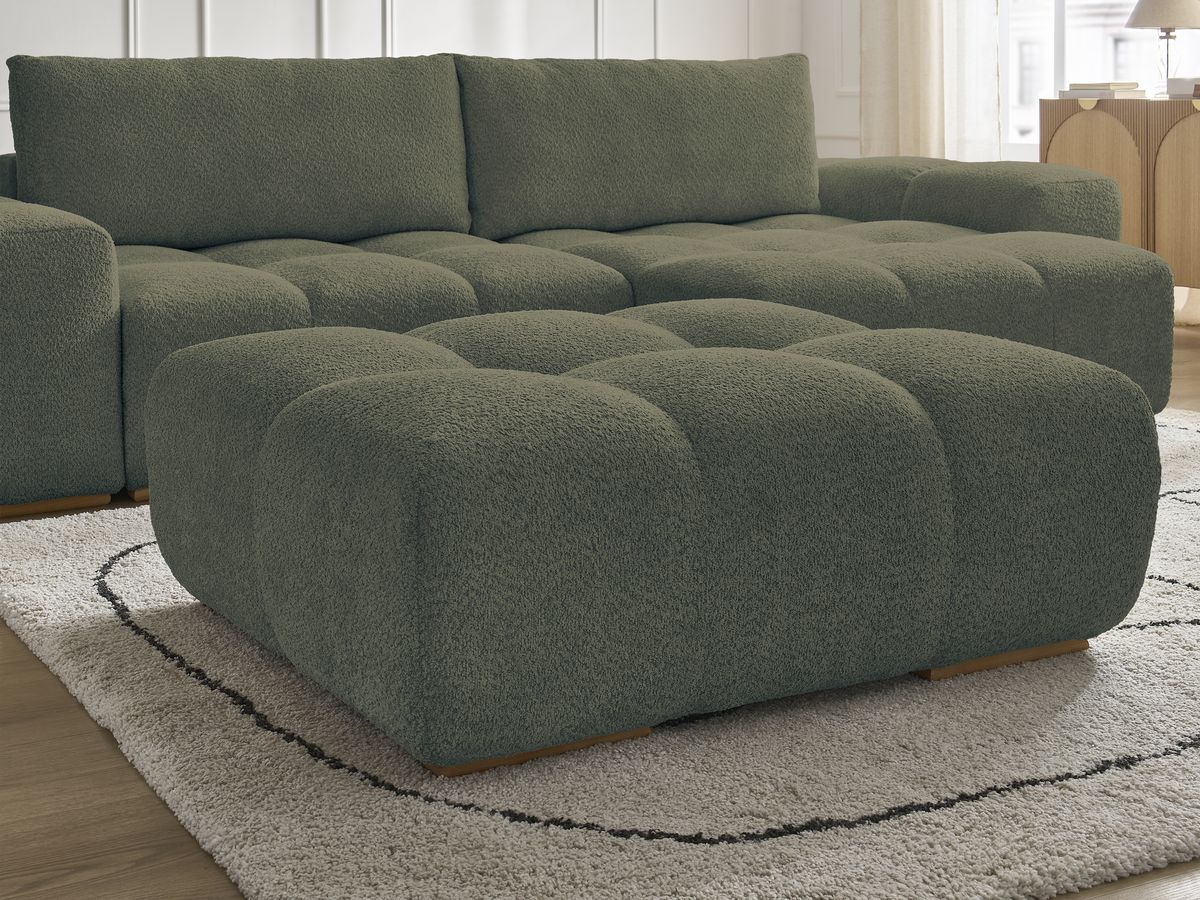 Bobochic Anakin Ecksofa mit Schlaffunktion und Bettkasten und Pouf, 2 Kissen Bouclé-Stoff Grün