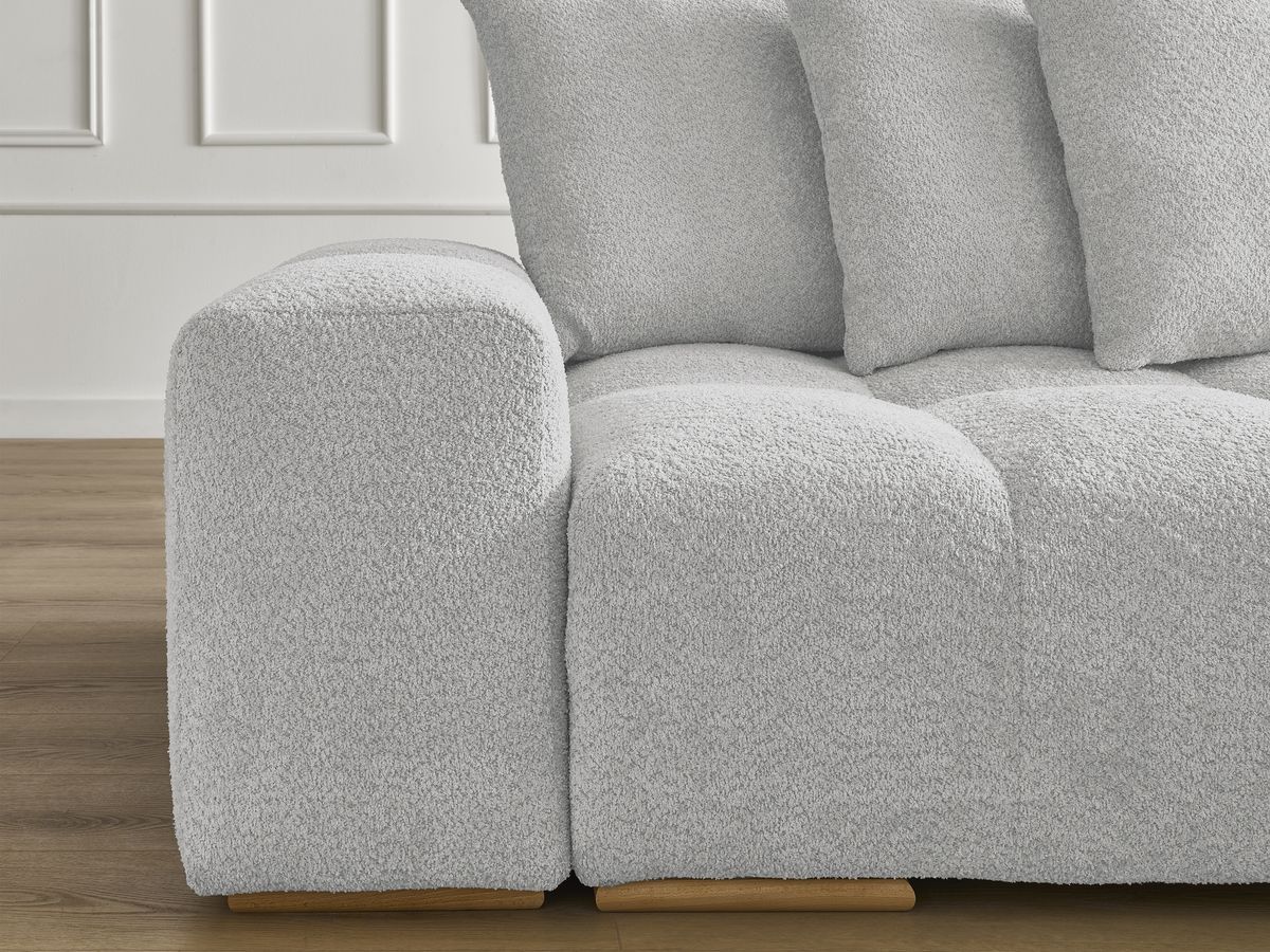 Bobochic Anakin Ecksofa mit Pouf, 6 Kissen Bouclé-Stoff Hellgrau