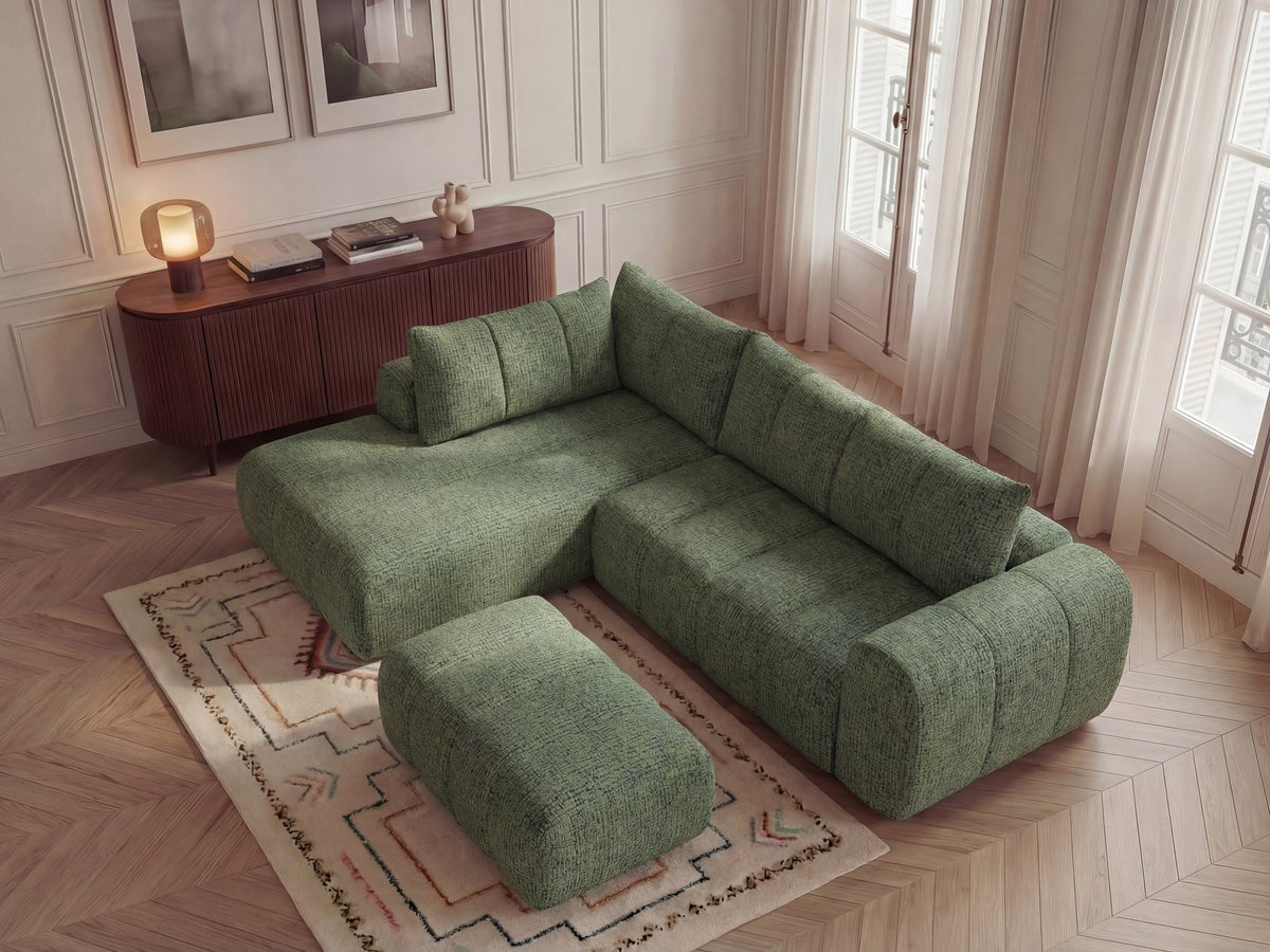 Bobochic Nesty Ecksofa in L-Form, 256 cm, mit Pouf Melange-Stoff Hellgrün Ecke links