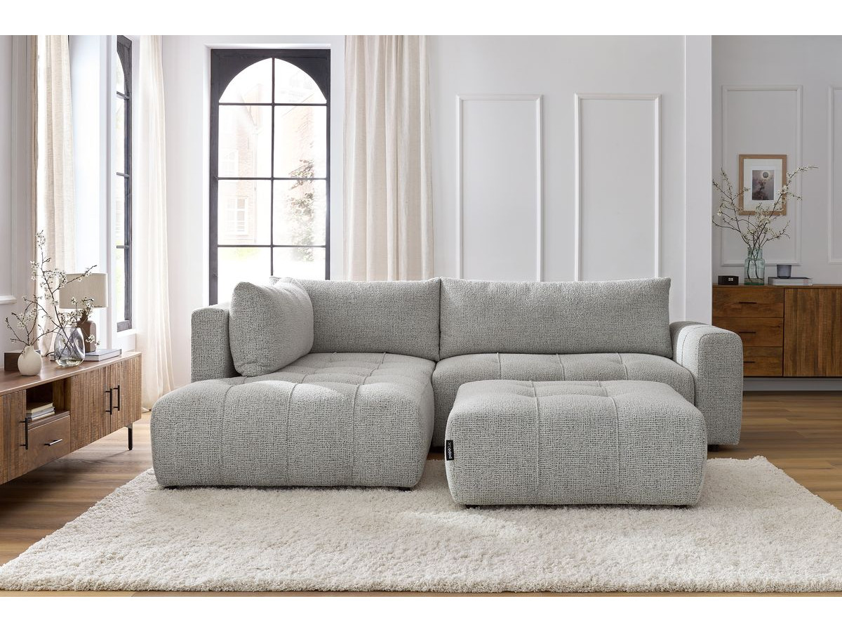 Bobochic Arsene Ecksofa mit Schlaffunktion und Bettkasten und Pouf 277 × 200 cm Melange-Stoff Hellgrau Ecke links
