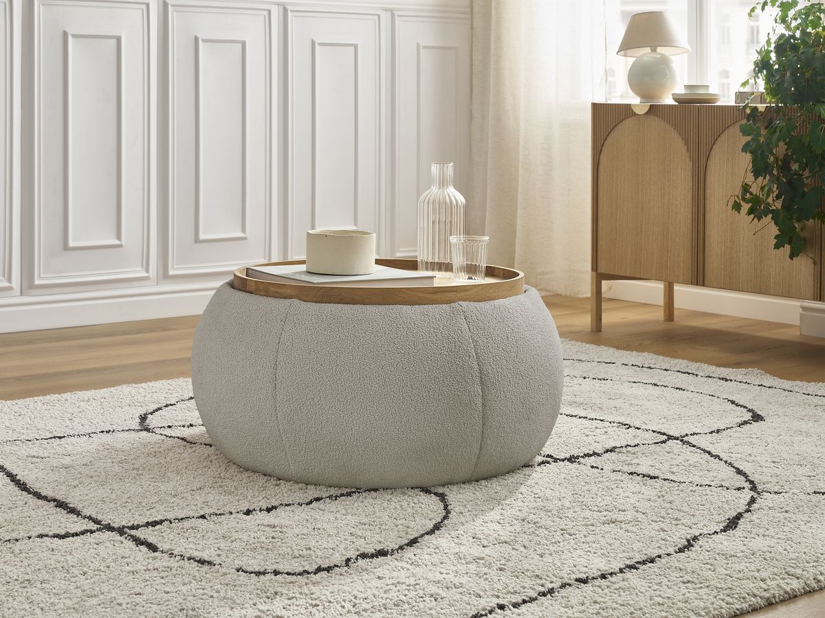 Bobochic Hayden Pouf mit Tablett, rund Bouclé-Stoff Taupe, 77 cm