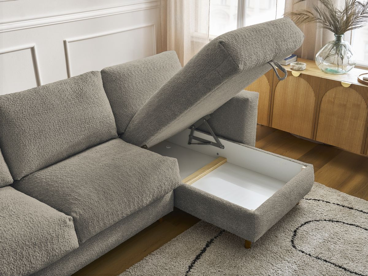 Bobochic Cocoone Ecksofa mit Schlaffunktion und Bettkasten Bouclé-Stoff Taupe, Liegefläche 160 × 200 cm