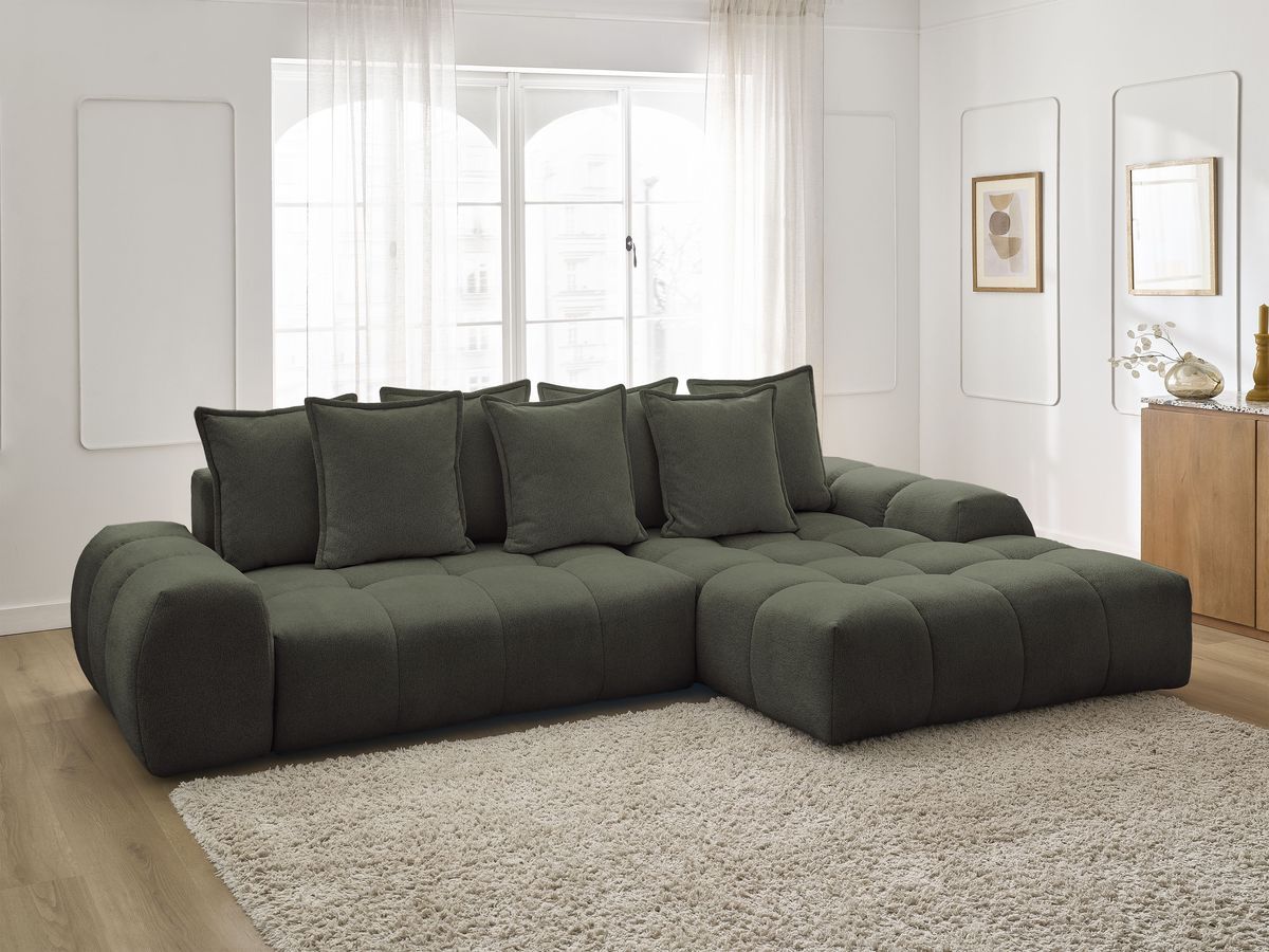 Bobochic Everest Ecksofa mit Schlaffunktion und Bettkasten 318 × 180 cm, 7 Kissen Melange-Stoff Grün Ecke rechts