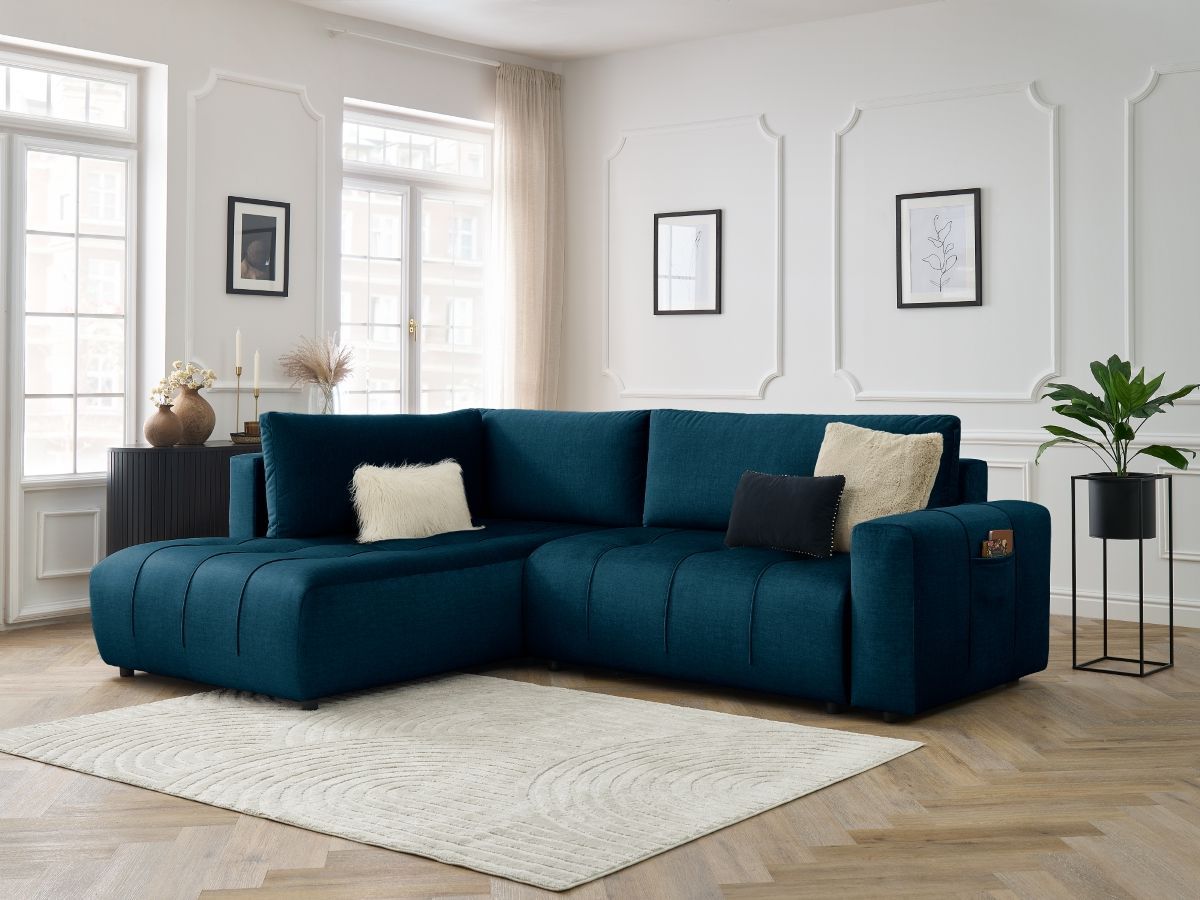 Bobochic Arsene Ecksofa mit Schlaffunktion und Bettkasten 277 × 200 cm Samt Dunkelblau Ecke links