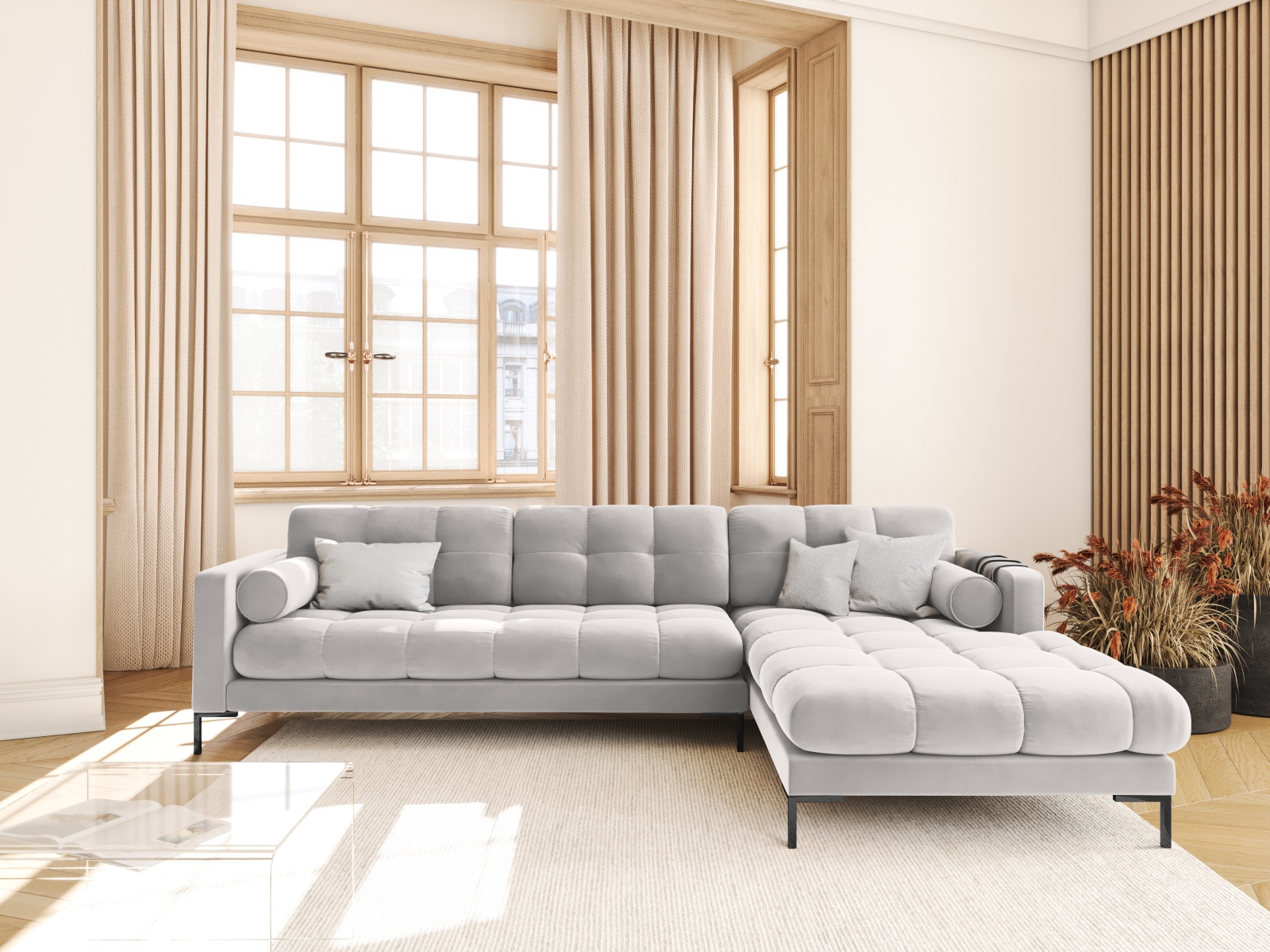 Cosmopolitan Design Ecksofa Bali 5-Sitzer Samt Bluvel Silber Rechts Beine Schwarzes Metall
