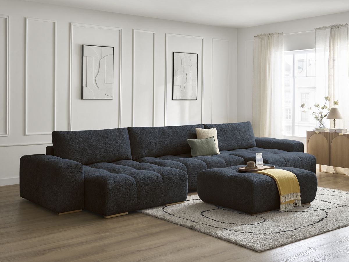 Bobochic Anakin Wohnlandschaft mit Pouf, Liegefläche 137 × 382 cm, 3 Kissen Bouclé-Stoff Dunkelblau
