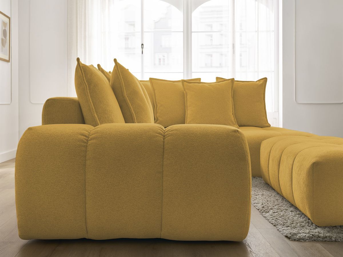 Bobochic Everest Ecksofa mit Schlaffunktion und Bettkasten und Pouf 320 × 212 cm, 10 Kissen Melange-Stoff Gelb Ecke rechts