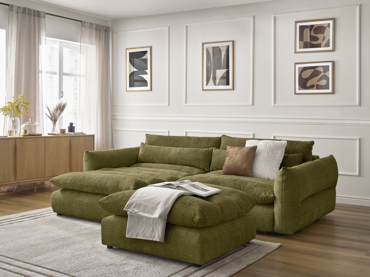 Bobochic Neil Ecksofa mit Pouf Strukturstoff Grün Ecke links