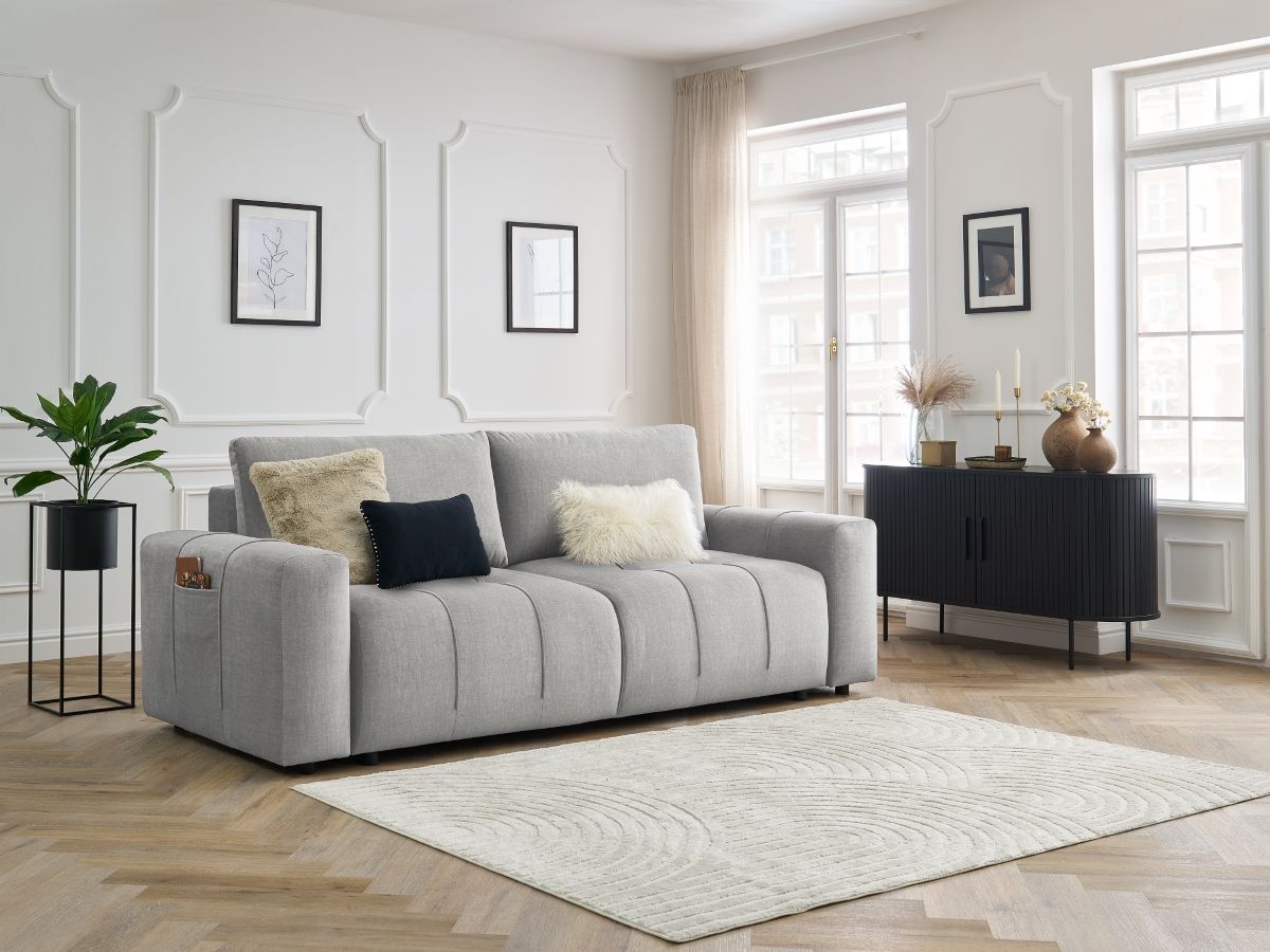 Bobochic Arsene Schlafsofa 3-Sitzer mit Bettkasten Samt Hellgrau