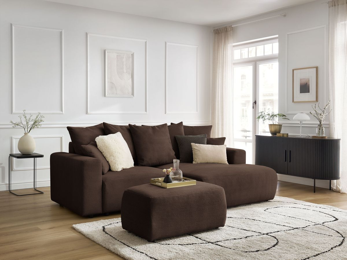 Bobochic Atilla Ecksofa mit Schlaffunktion und Bettkasten und Pouf Cordsamt Braun Ecke rechts
