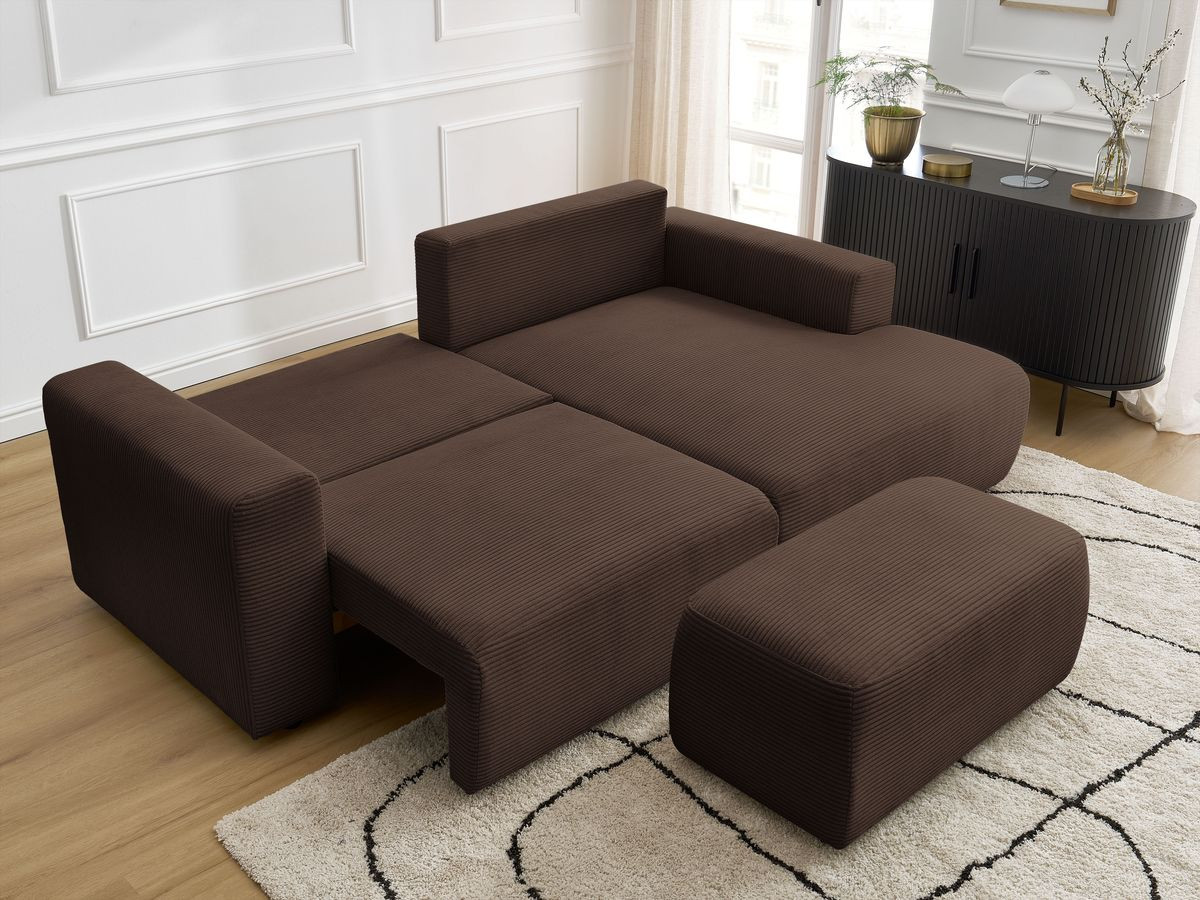 Bobochic Atilla Ecksofa mit Schlaffunktion und Bettkasten und Pouf Cordsamt Braun Ecke rechts