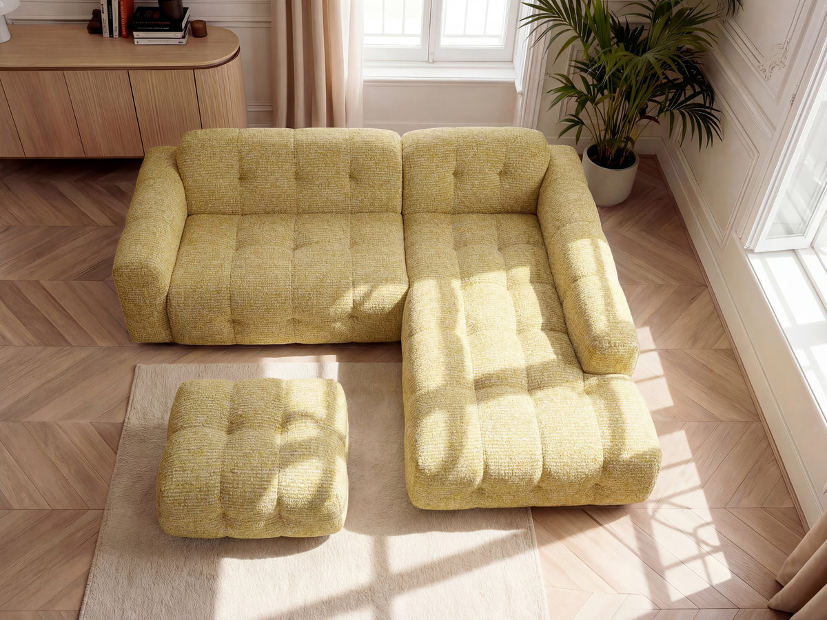 Bobochic Laura Ecksofa mit kleinem Pouf Melange-Stoff Gelb Ecke rechts