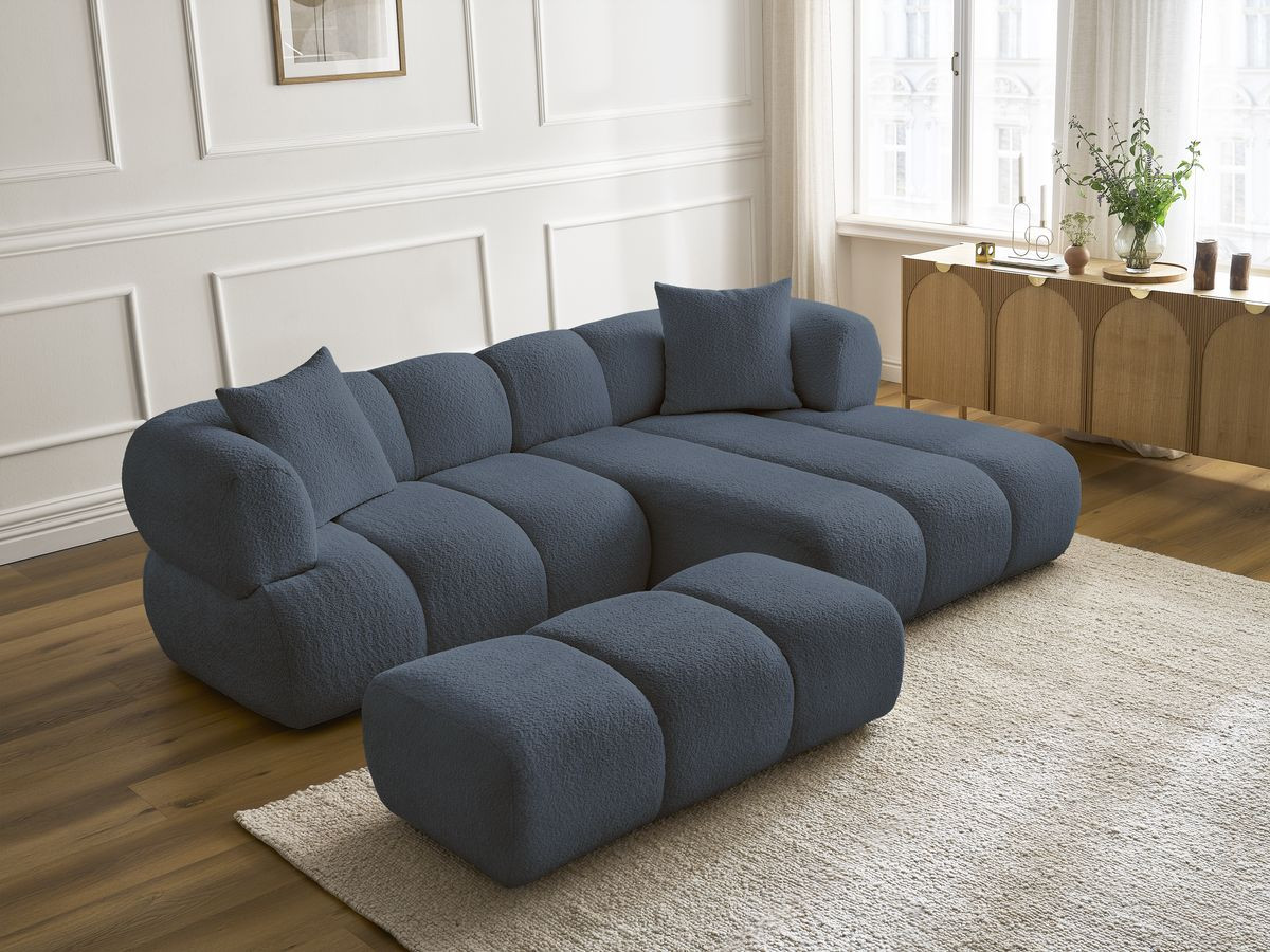 Bobochic Pamira Ecksofa mit Pouf Bouclé-Stoff Dunkelblau Ecke rechts