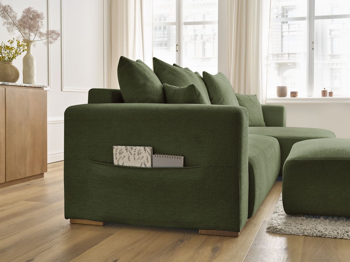 Bobochic Sidonie Ecksofa mit Schlaffunktion und Bettkasten und Pouf Melange-Stoff Grün