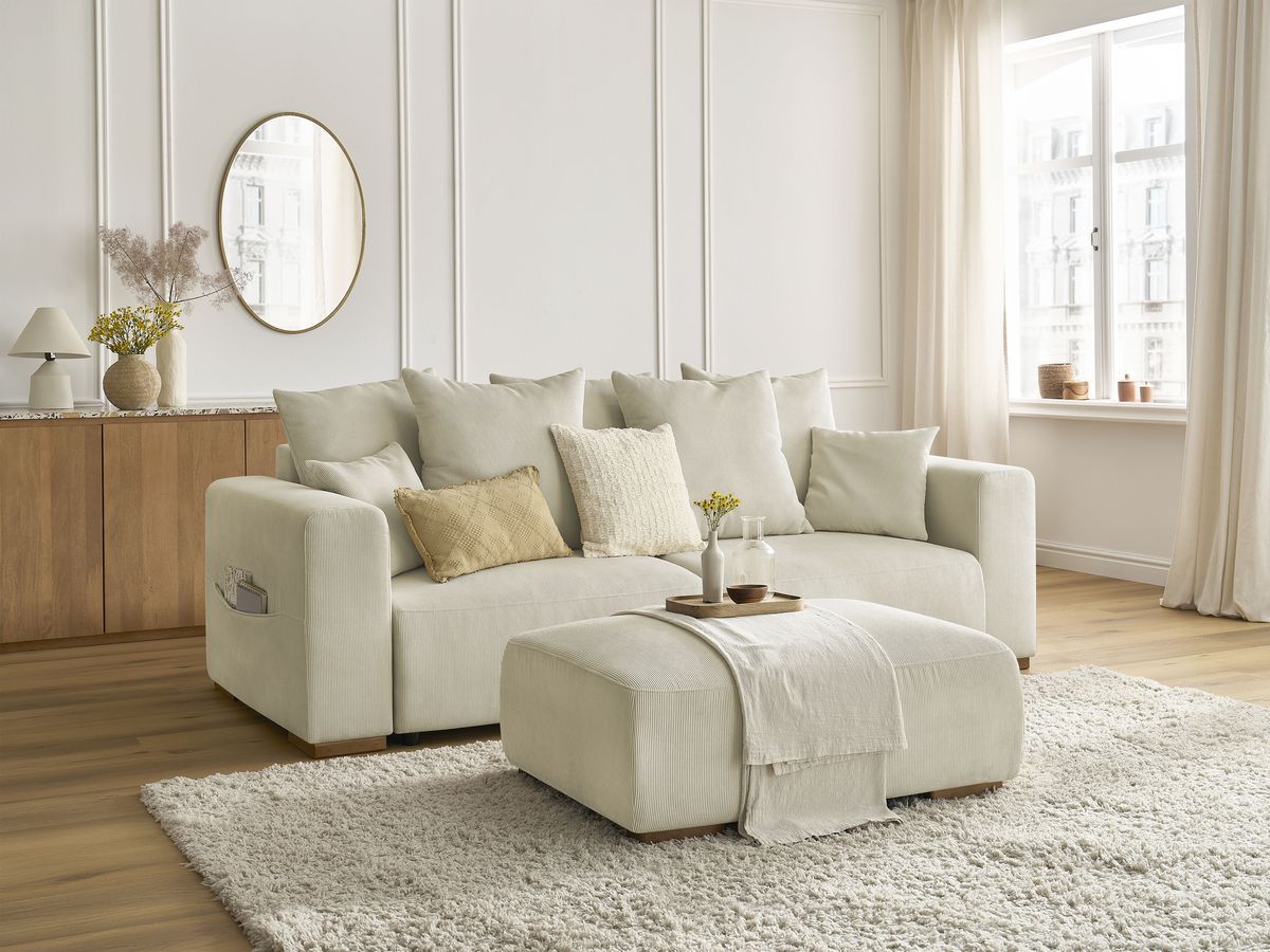 Bobochic Sidonie Schlafsofa 4-Sitzer mit Bettkasten und Pouf Cordsamt Beige