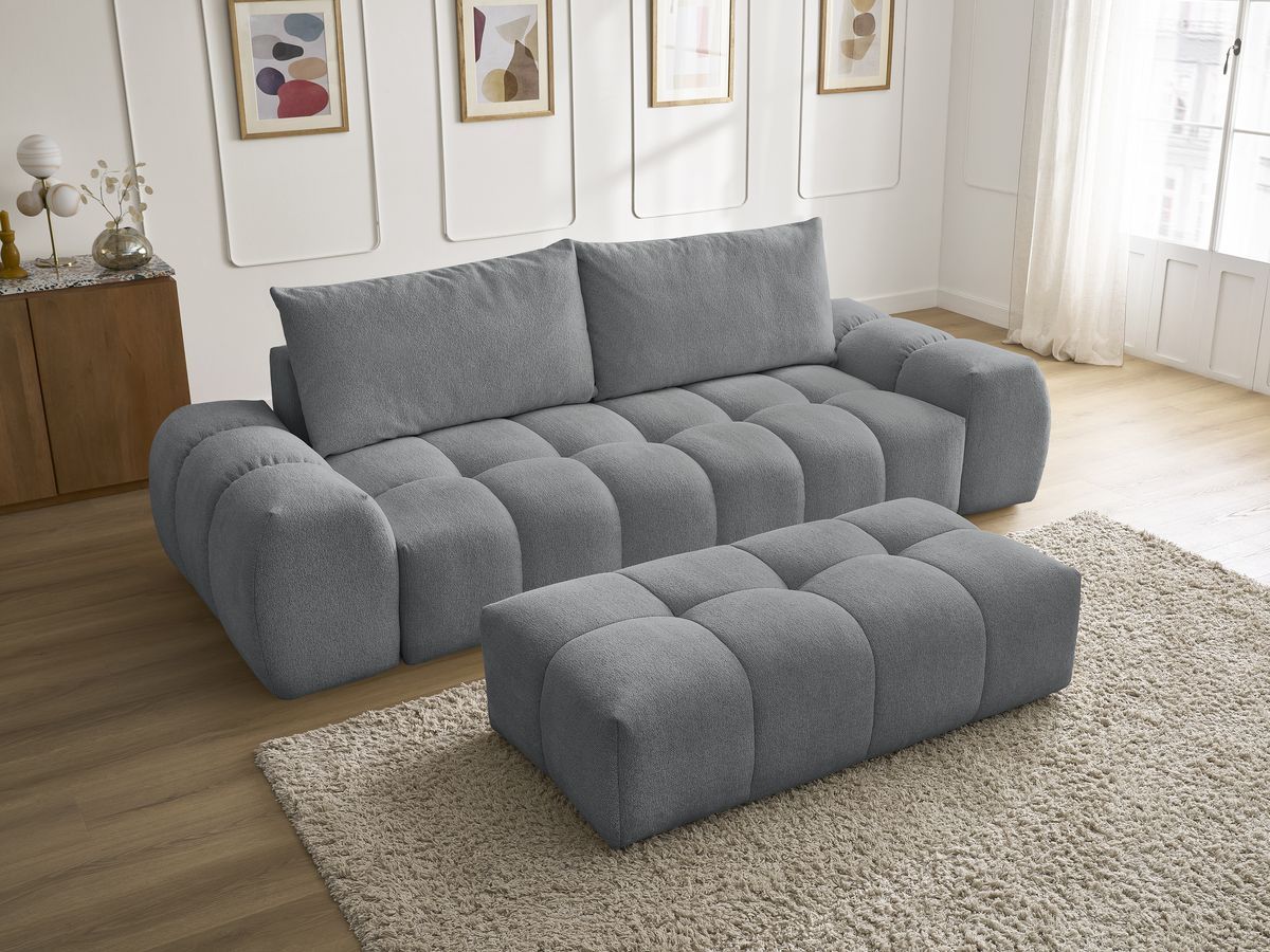 Bobochic Everest Sofa 3-Sitzer mit Pouf, 2 Kissen Melange-Stoff Dunkelgrau