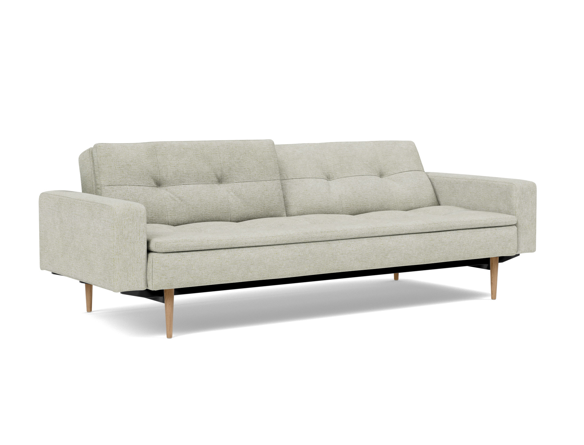 Schlafsofa Dublexo mit Armlehnen Flachgewebe Avella 280-Sand Beine Styletto Eiche hell