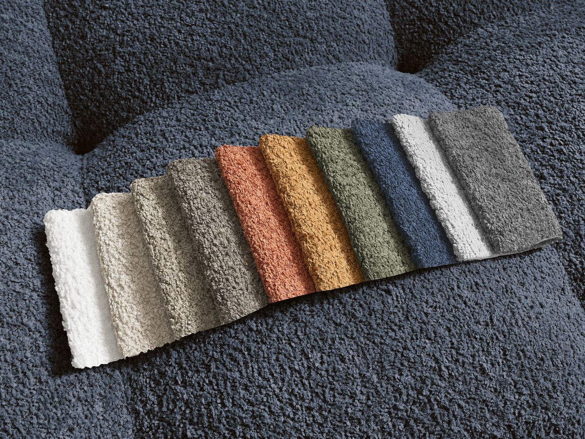 Bobochic Anakin Ecksofa mit Pouf, 2 Kissen Bouclé-Stoff Dunkelblau