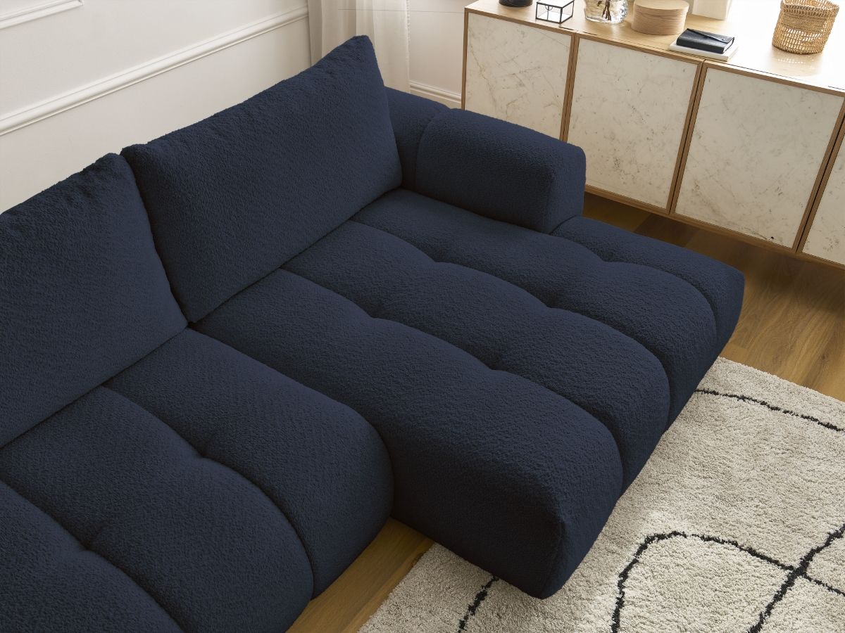 Bobochic Fuji Ecksofa mit Schlaffunktion und Bettkasten 292 × 160 cm Bouclé-Stoff Dunkelblau Ecke rechts