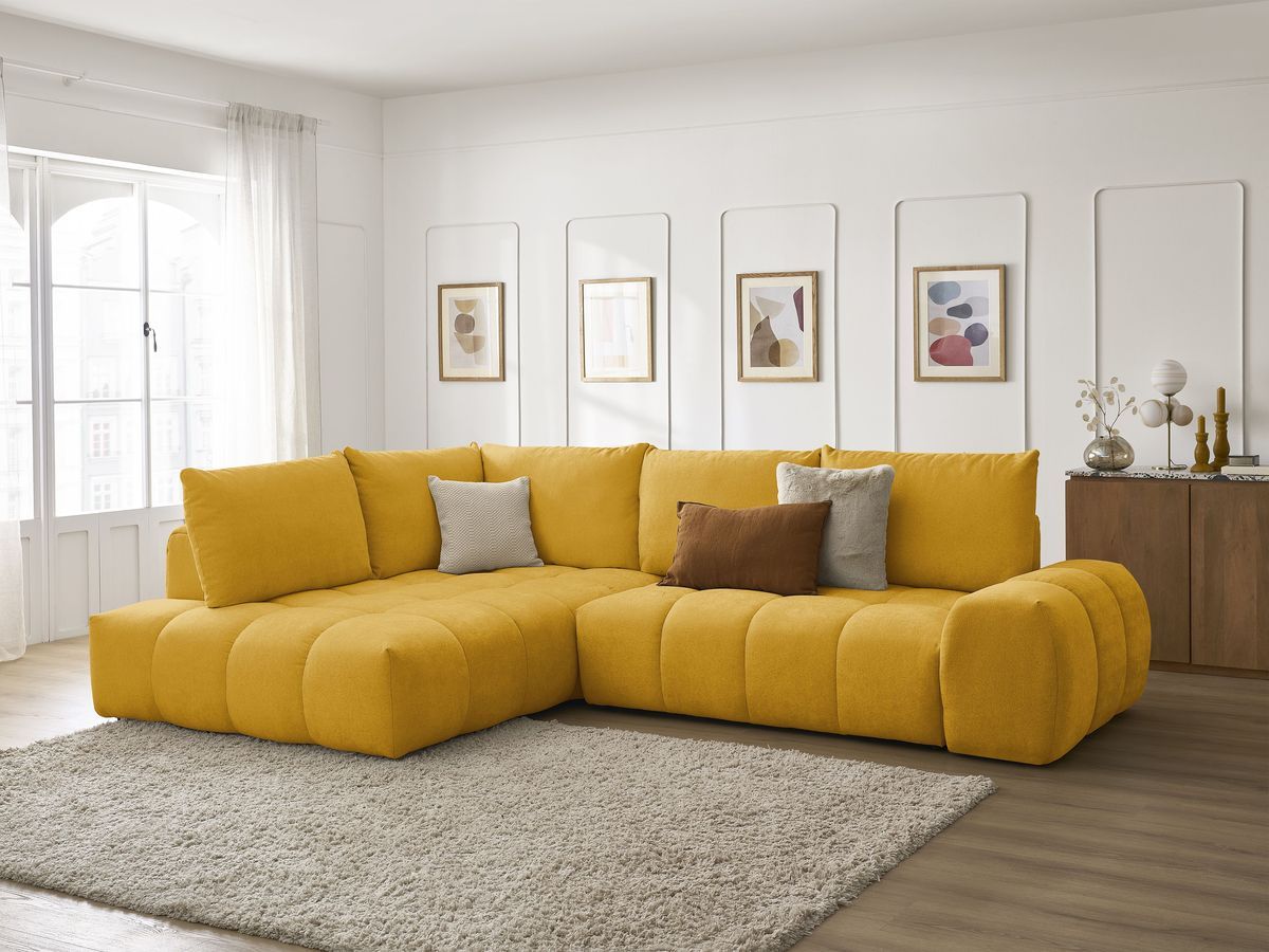 Bobochic Everest Ecksofa mit Schlaffunktion und Bettkasten 320 × 212 cm, 5 Kissen Strukturstoff Gelb Ecke links