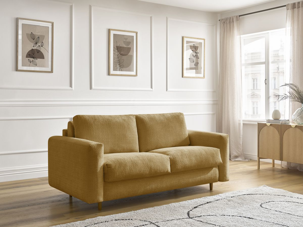 Bobochic Cocoone Schlafsofa 3-Sitzer Strukturstoff Gelb, Liegefläche 160 × 200 cm