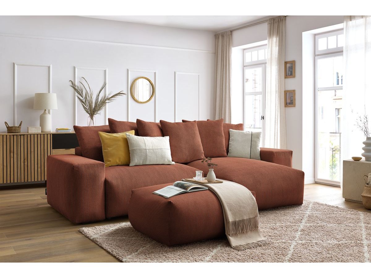 Bobochic Voltaire Ecksofa mit Schlaffunktion und Bettkasten und Pouf Cordsamt Orange