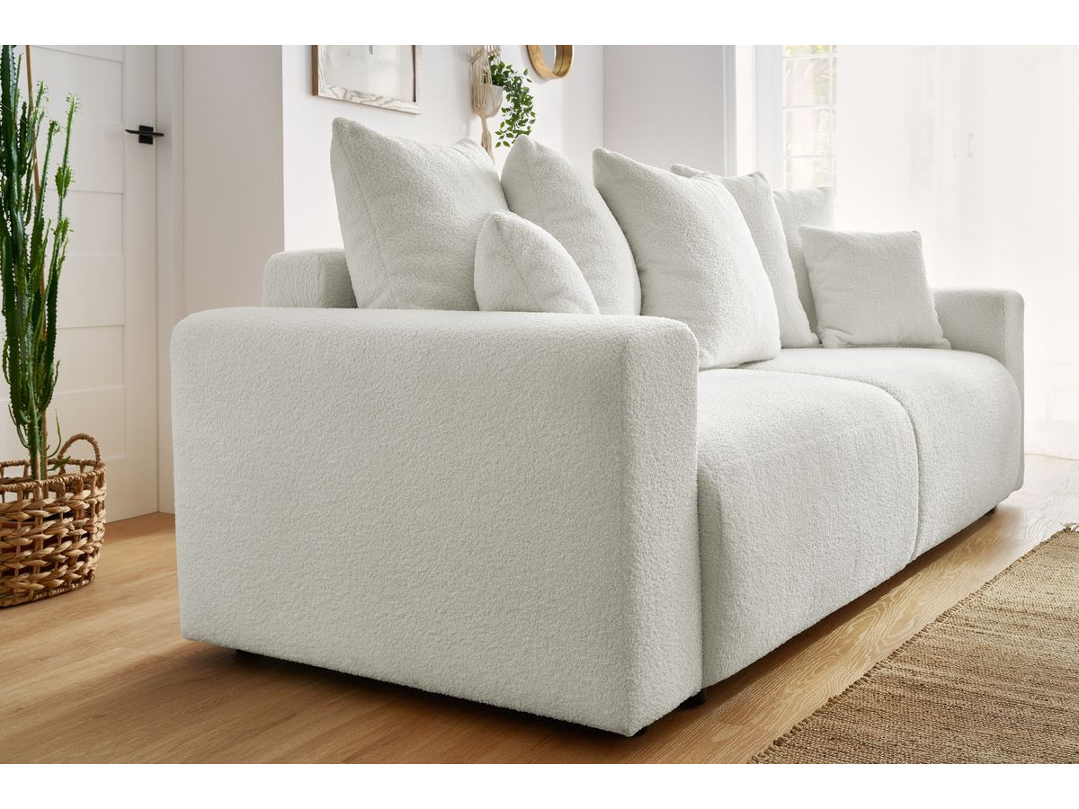 Bobochic Envy Schlafsofa 3-Sitzer mit Bettkasten und rundem Pouf Bouclé-Stoff Weiß