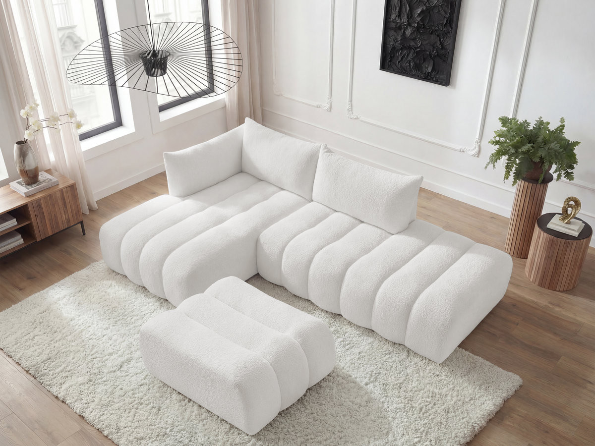 Bobochic Azra Ecksofa mit Pouf 319 × 178 cm Bouclé-Stoff Weiß Ecke links