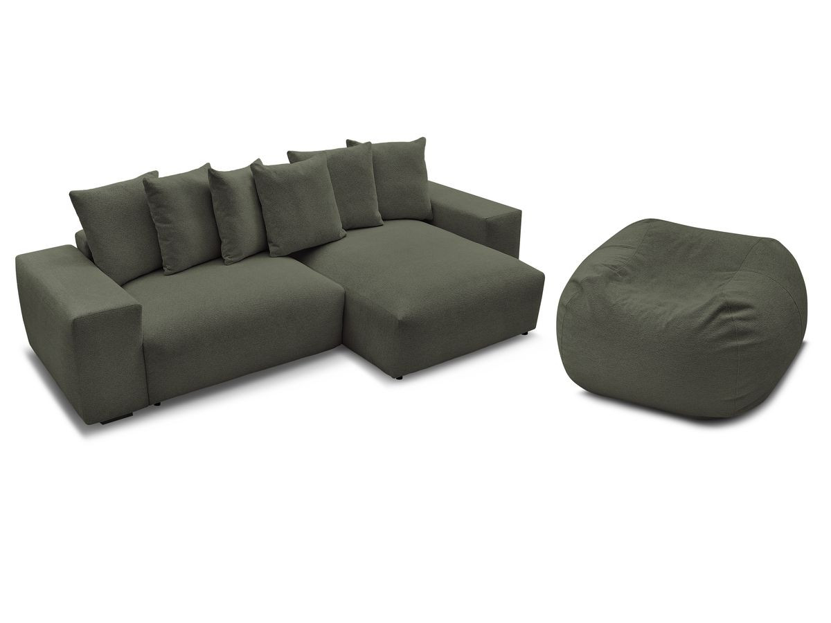 Bobochic Voltaire Ecksofa mit Schlaffunktion und Bettkasten und Pouf Melange-Stoff Grün