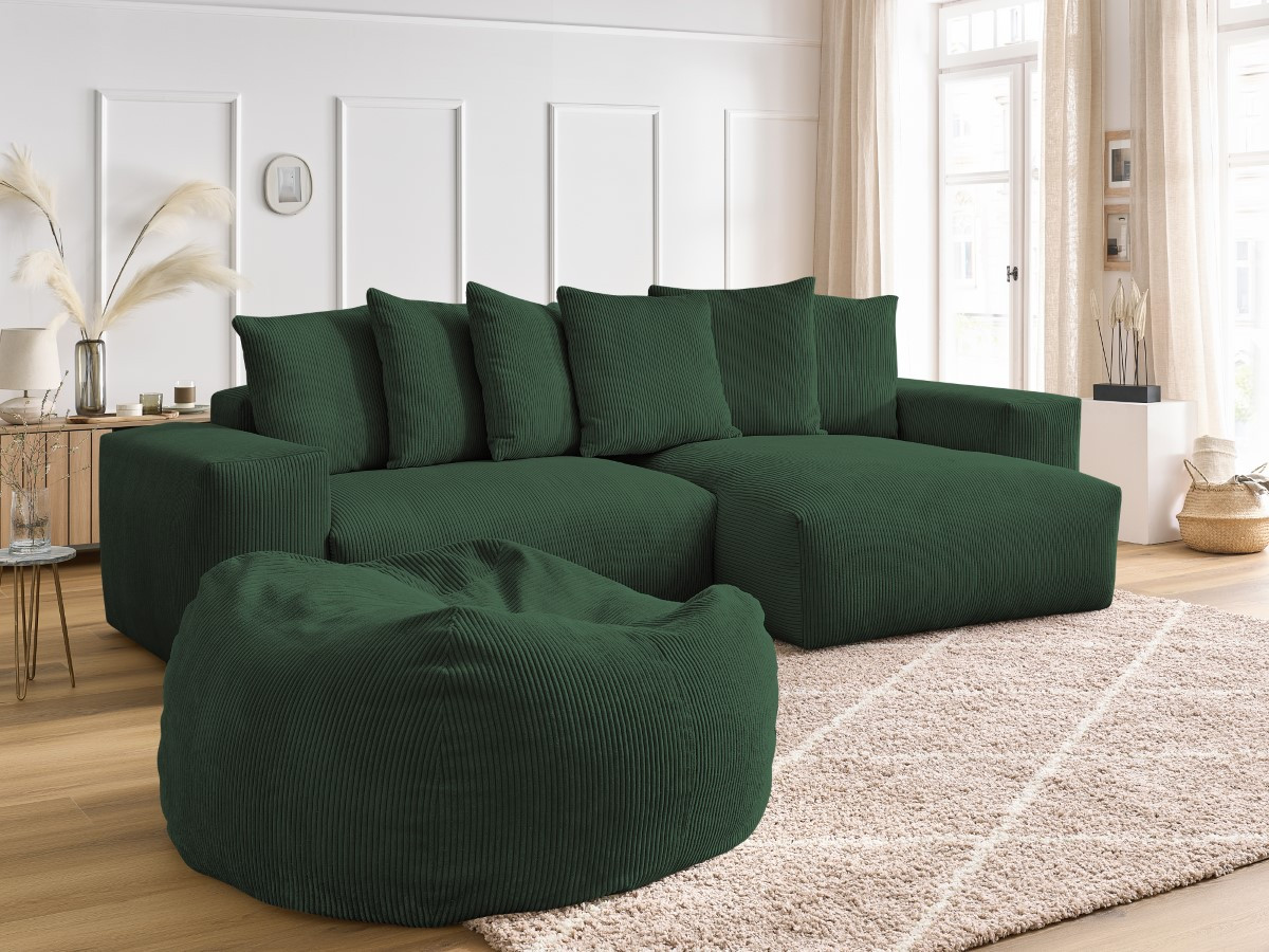 Bobochic Voltaire Ecksofa mit Pouf 310 × 174 cm Cordsamt Grün