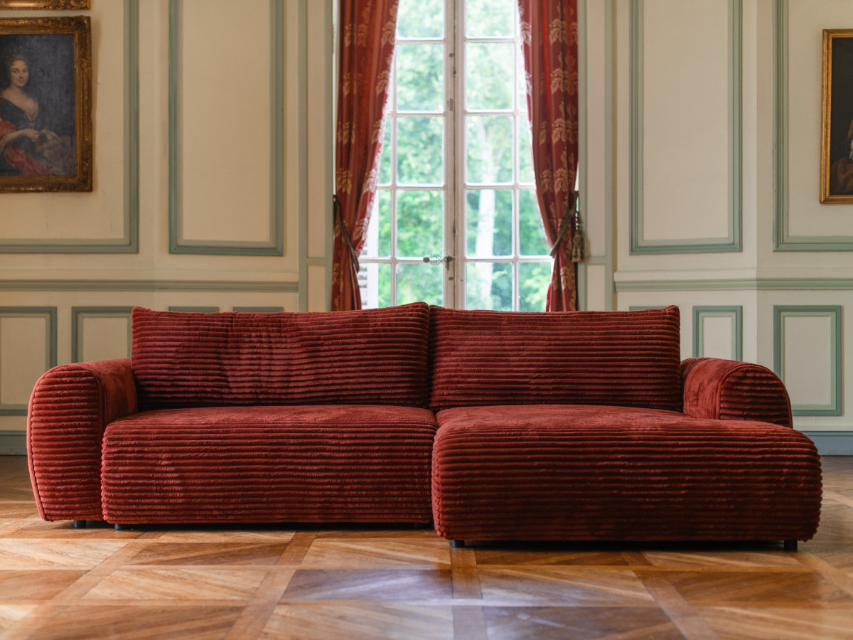 Bobochic Lucien Ecksofa mit Schlaffunktion und Bettkasten und Pouf 314 × 167 cm Breitcord weich Orange Ecke rechts
