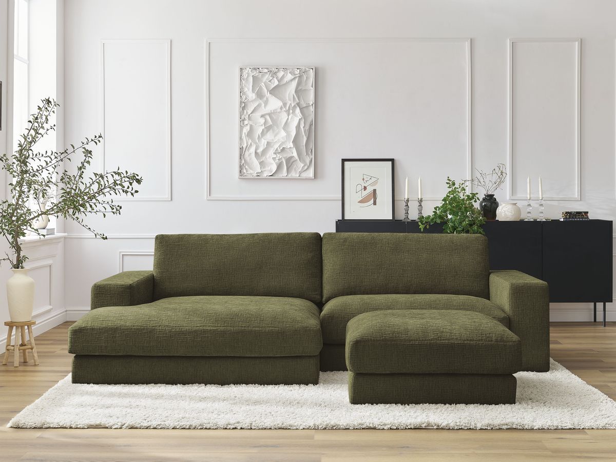 Bobochic Leonard Ecksofa mit Pouf 234 × 159 cm Strukturstoff Grün Ecke links