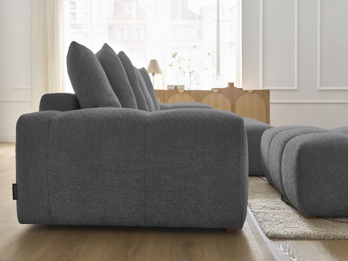 Bobochic Anakin Ecksofa mit Pouf, 6 Kissen Bouclé-Stoff Dunkelgrau
