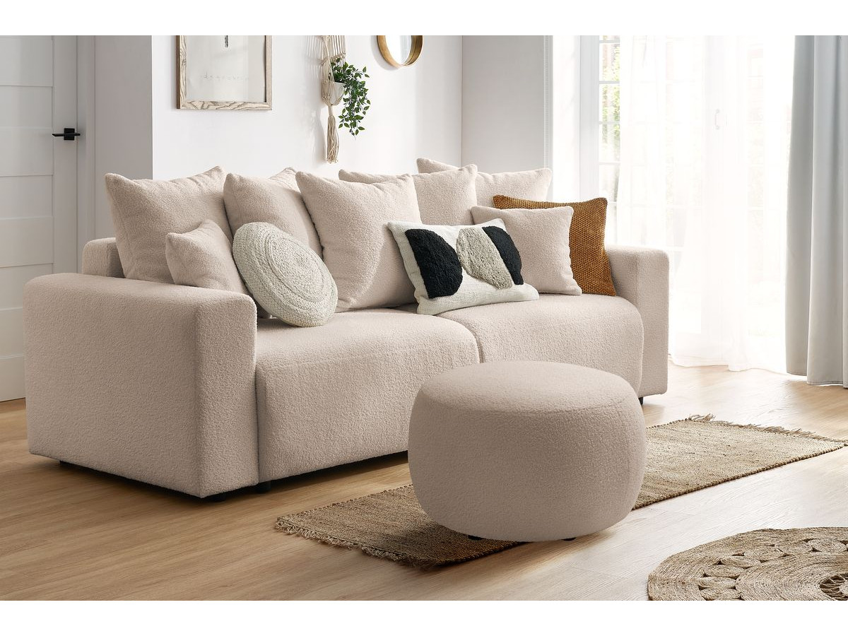 Bobochic Envy Schlafsofa 3-Sitzer mit Bettkasten und rundem Pouf Bouclé-Stoff Beige