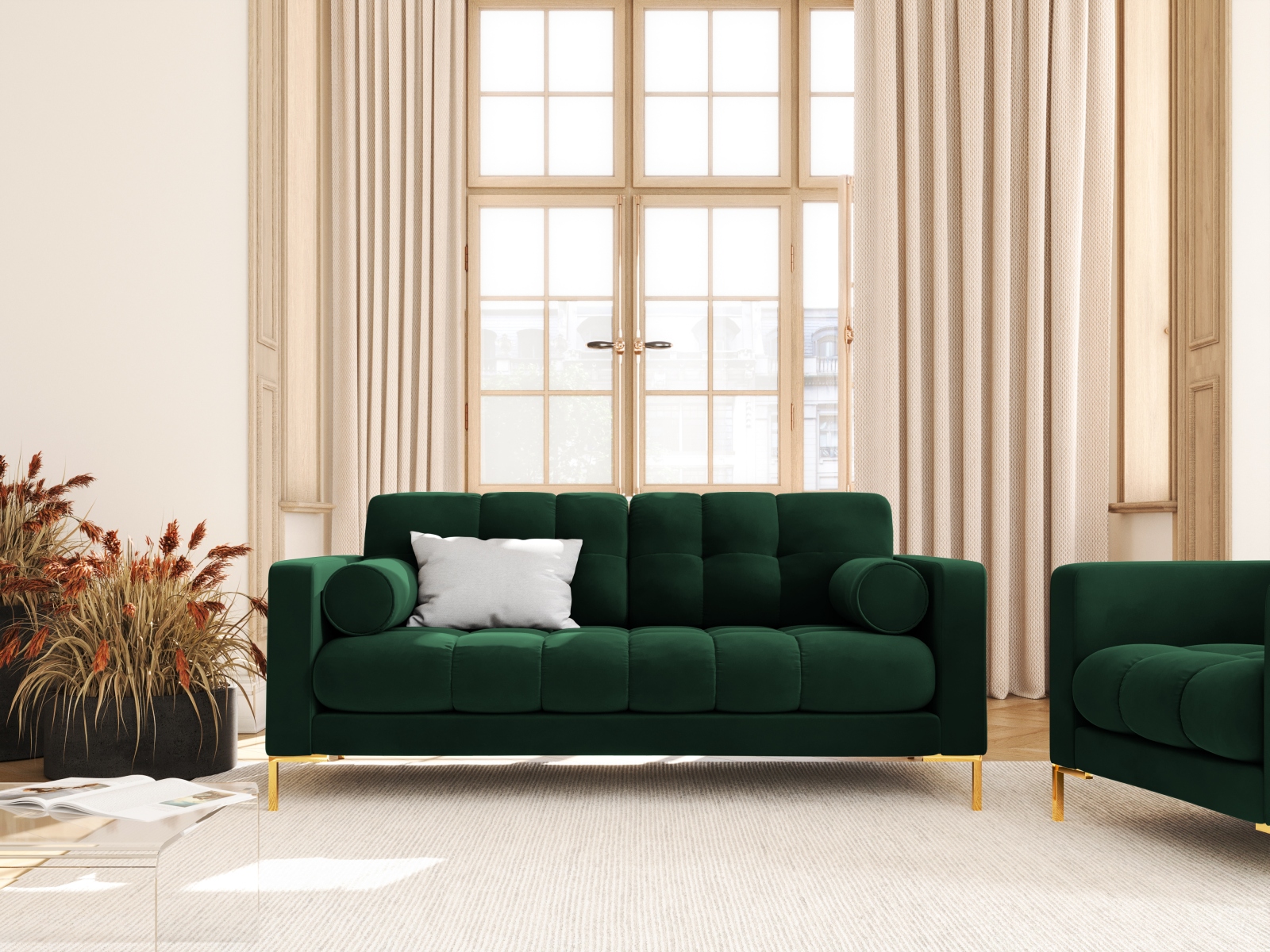 Cosmopolitan Design Sofa Bali 2-Sitzer Samt Bluvel Flaschengrün Beine Gold