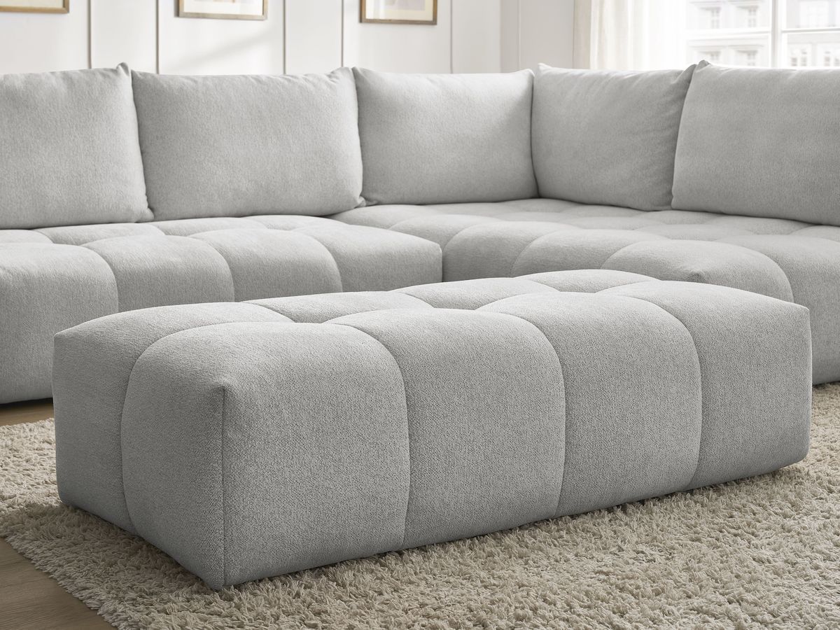 Bobochic Everest Ecksofa mit Schlaffunktion und Bettkasten und Pouf 320 × 212 cm, 5 Kissen Melange-Stoff Hellgrau Ecke rechts