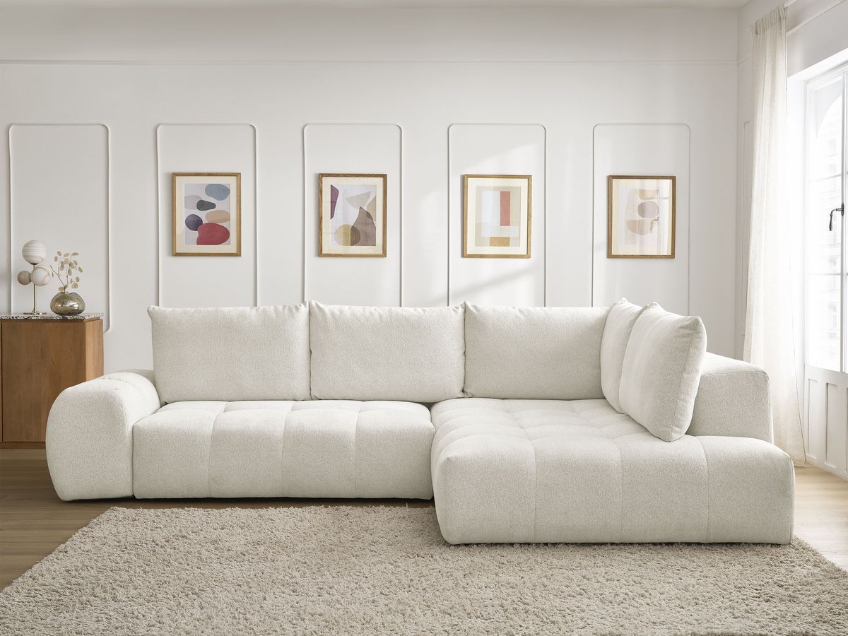 Bobochic Everest Ecksofa mit Schlaffunktion und Bettkasten 320 × 212 cm, 5 Kissen Melange-Stoff Weiß Ecke rechts