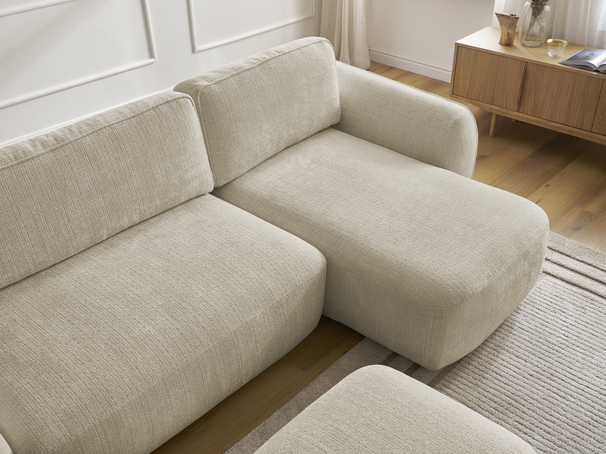 Bobochic Denise Ecksofa mit Schlaffunktion und Bettkasten und Pouf 258 × 160 cm Strukturstoff Beige Ecke rechts